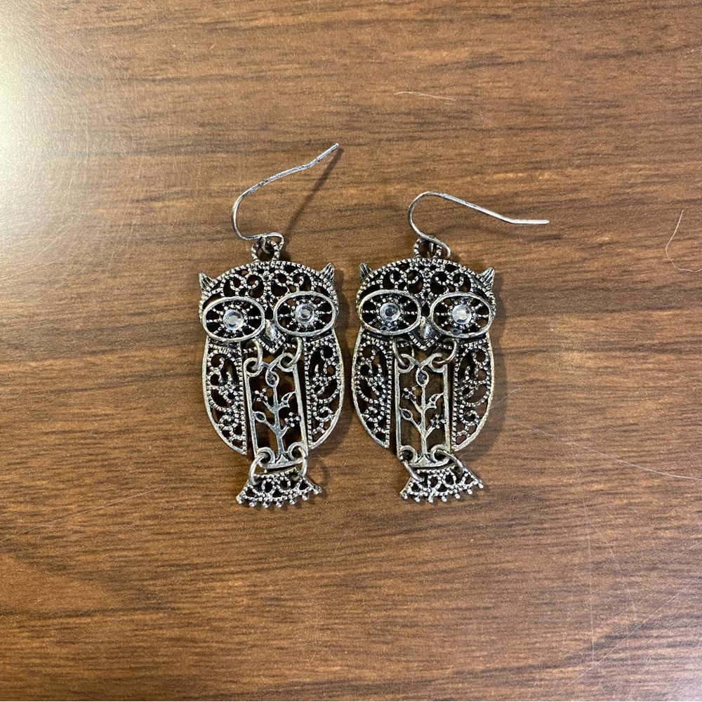 Owl Earrings Silver Sparkly Dangly